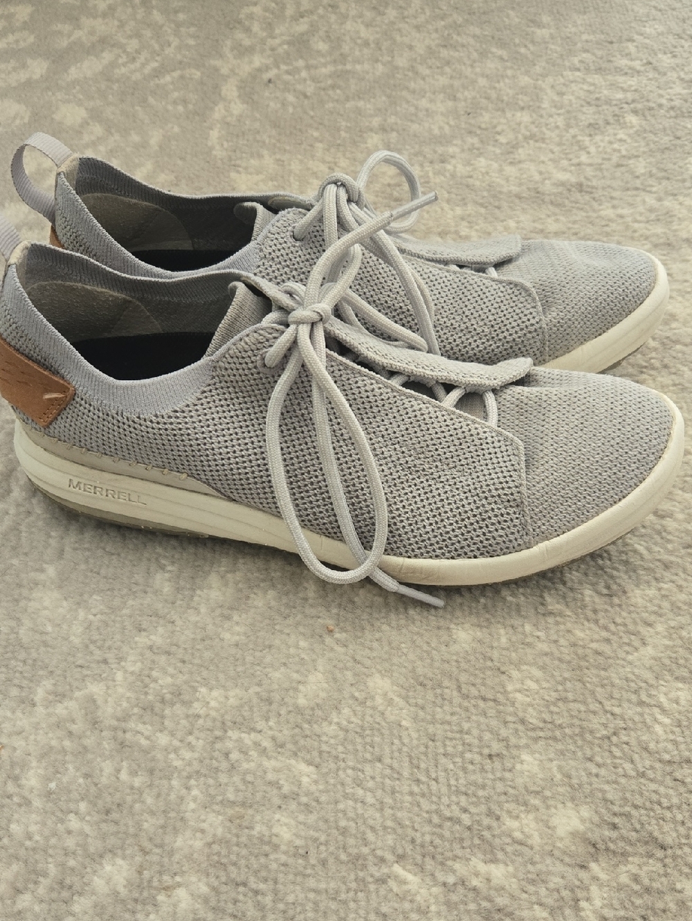 Merrell Knit Lace-Up Sneakers in Light Gray with Tan Heel Accent